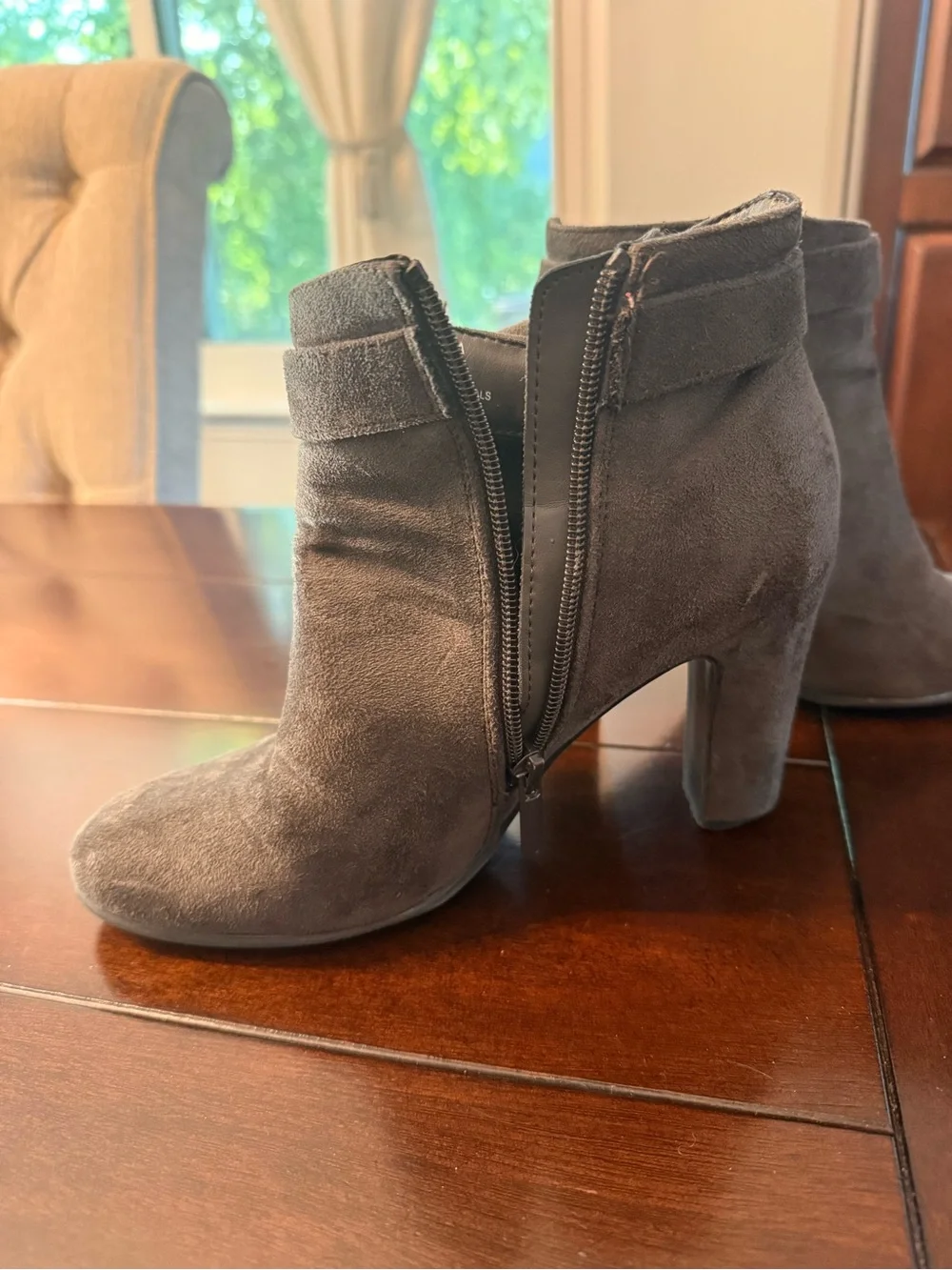 Suede Bow Ankle Booties in Dark Grey